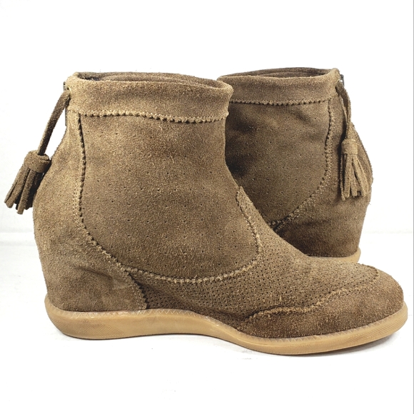 Brusque Tan Light Brown Suede Leather Ankle Boots With Tassels. Women's Size 7.5 - Picture 6 of 11